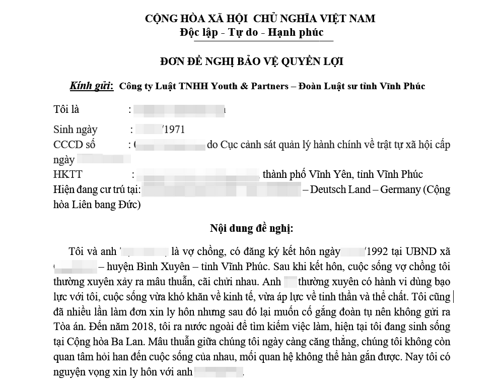 Khách hàng tại nước ngoài đề nghị Luật sư ly hôn giỏi tại Vĩnh Yên bảo vệ quyền lợi Khách hàng tại nước ngoài đề nghị Luật sư ly hôn giỏi tại Vĩnh Yên bảo vệ quyền lợi