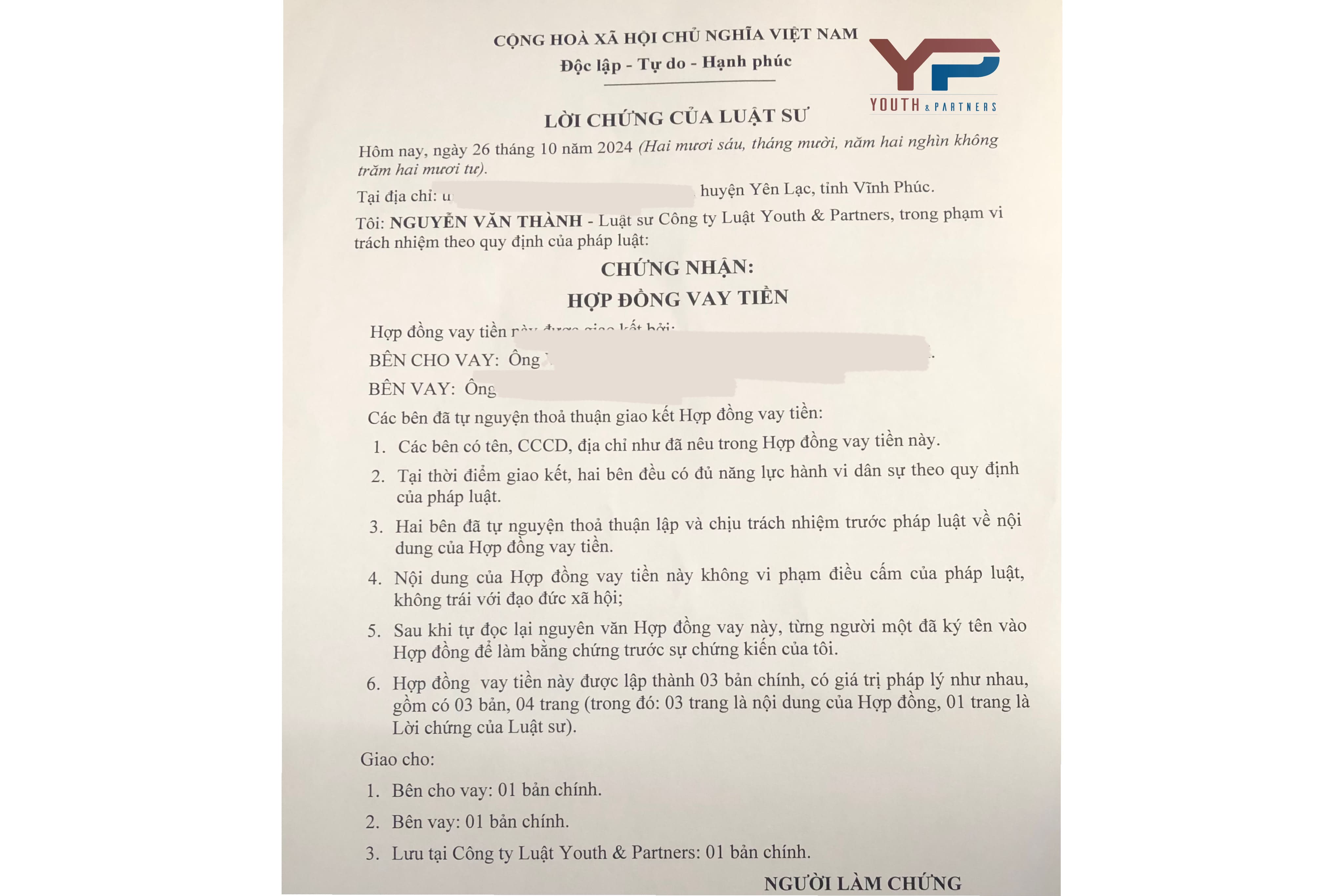 Lời chứng của Luật sư tại Văn phòng Luật sư Vĩnh Phúc trong hợp đồng vay Lời chứng của Luật sư tại Văn phòng Luật sư Vĩnh Phúc trong hợp đồng vay