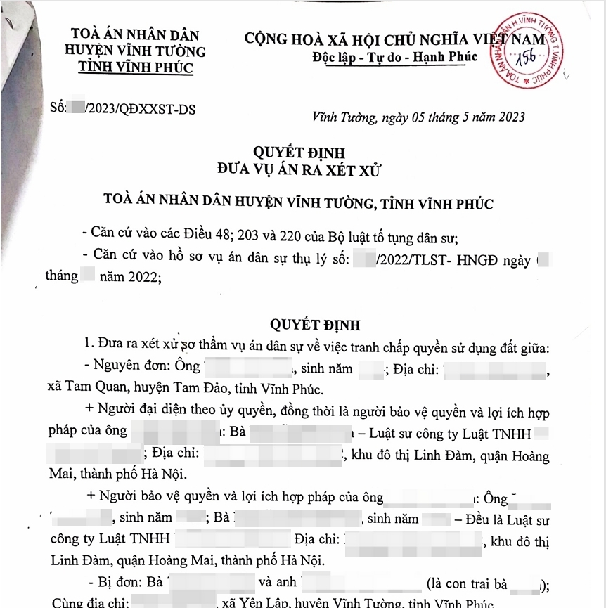 Vụ án tranh chấp quyền sử dụng đất tại Vĩnh Phúc về thừa kế